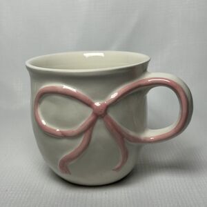 New Stoneware Mug With Pink Bow Handle, 18OZ, Microwave And Dishwasher Safe